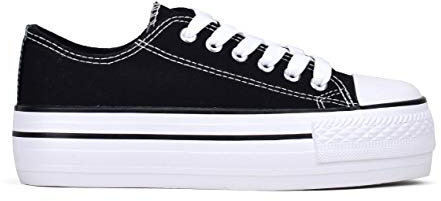 BOSANOVA Zapatillas Sneakers confeccionadas en Material de Canvas con Detalle de Finas lineas a Contraste en la Suela. Cierre con Cordones. Calzado para Mujer Negro 39