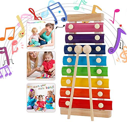 WELLXUNK Xylophon für Kinder, perfekt für kleine Musiker, Holzspielzeug Musikinstrument, Schlaginstrument mit Metalltasten aus Holz (Regenbogenfarben)