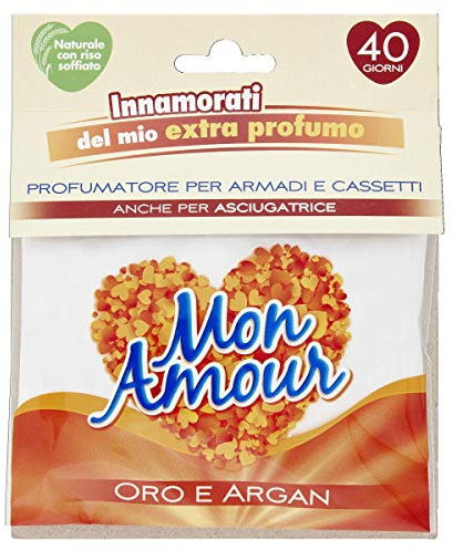 Mon Amour- Sacchetto Profumato Oro e Argan, Profumatore per Ambienti Piccoli, Armadio, Cassetti e Pofumatore Asciugatrice, Profumatore Ambiente (Profumo 40 Giorni) Profumatori Appendibili Naturali 12g