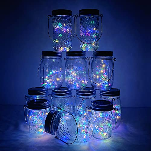 Solar Mason Jar Lights, Decorman 12 Pack 30 LED Fairy Star Firefly String Lids Lights with 12 Hangers for Patio Yard Garden Party Wedding Christmas Decoration(Jars Not Included) (12 Pack, Colorful)