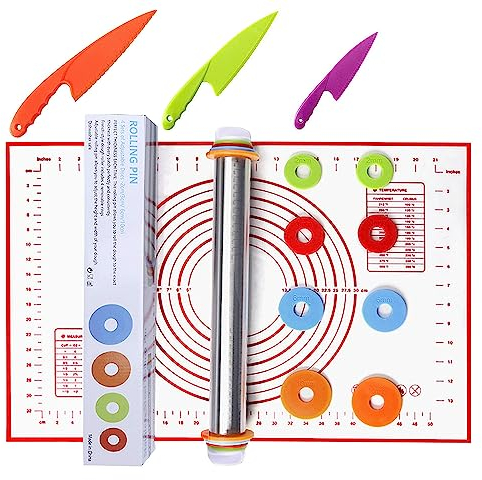 Matterello in Acciaio Inossidabile,4 Dischi Regolabili E indicatori Di Pagina e Coltello Da Taglio Per Pasta,Fondente,Torte,Torte,Biscotti,Pasta Per Pasticceria (Rodillo + Estera)