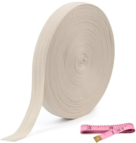 TMBMLPP 50 Meters 25mm Cotton Bias Binding Tape with Tape Measure, Cotton Bunting Tape Herringbone Twill Webbing Tape for Sewing Dressmaking Alteration, Knitting Apron, Garment (Beige)
