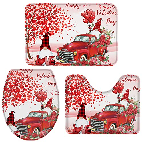 Set 3 Teilig Badvorleger EIN Roter Lastwagen Mit Rosen Und Gnomen Anti-Rutsch Bade-Matte+Kontur+Wc-Deckelabdeckung Weiche Badgarnitur Badematten Für Badezimmer Badewanne Dusche