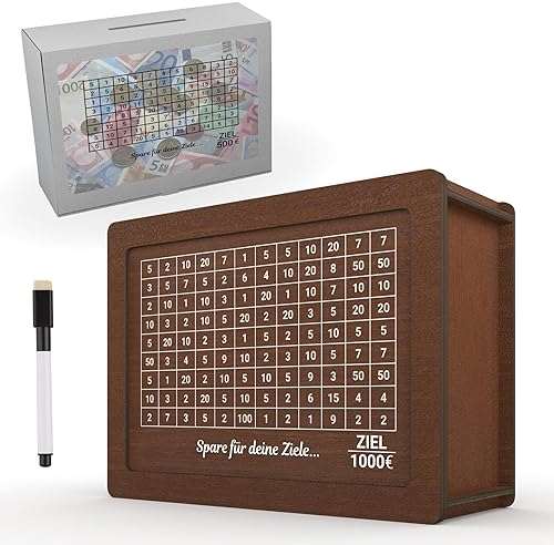 Spardose aus Holz mit Sparziel, Fertig Montiert, Wiederverwendbare Sparbox mit Zahlen, Geldkassetten/Sparbüchse für Erwachsene & Kinder zum Ankreuzen,Sparschwein mit Folienstift kakeibo Technik