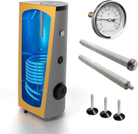 SUNEX Warmwasserspeicher 200L - Brauchwasserspeicher S1 mit 1 Wärmetauscher - für Solaranlage, Wärmepumpe oder Kessel - Hochwertige Emaille 50mm PUR-Dämmung - inkl. Magnesiumanode & Thermometer