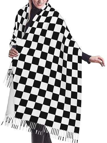 KazUp Schal schwarz weiß kariert Schal Wraps mit Quaste weiche Mode warme Schals für Frauen 68 x 196 cm