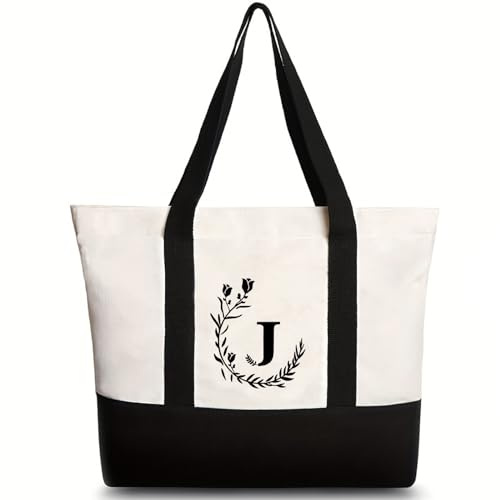 Soulnioi Canvas-Tragetasche mit Stickerei-Initiale, personalisierte Blumen-Buchstaben, bedruckte Tasche für Damen/Herren, wiederverwendbare Strandtasche aus Segeltuch für Alltag, Reisen,