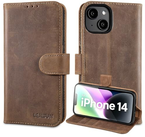 LENSUN Echtleder Hülle für iPhone 14, Standfunktion - Vintage Dunkelbraun