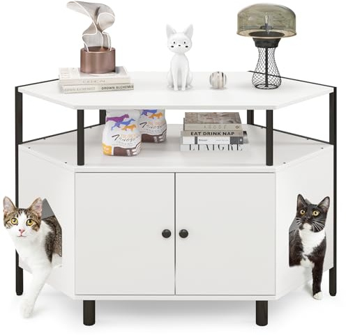 GYMAX Corner Cat Litter Box Enclosure, Wooden Pet Cabinet Furniture with Open Shelf, 2 Entrances, Hidden Cat Washroom, Double-Door Cat House for Indoor Cats, as Storage Cabinet (White) | with Open Shelf, 2 Entrances, Hidden Cat Washroom, Double-Door Cat House for Indoor Cats, as Storage Cabinet (White)