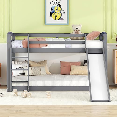 Kinderbett Etagenbett 90x200 cm, Hochbett mit Rutsche und Treppe, Spielbett Stockbett Jugendbett mit Rausfallschutz und Lattenrost, Doppelbet Holzbett Bettgestell, Kiefer+MDF, Ohne Matratze, Grau