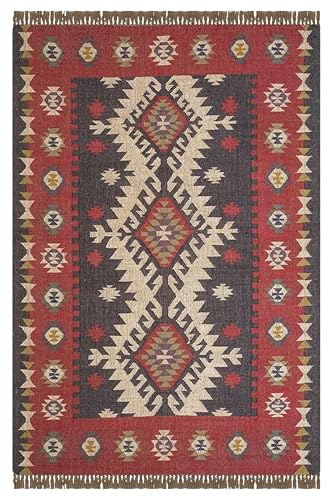 CASAVANI Handgewebter Juteteppich, 10,2 x 15,2 cm, Rot und Schwarz, für Wohnzimmer, Wolle, Jute, Kelim-Teppich für Terrasse und Garten, flache Yogamatte, Küche und Esszimmer, Flachgewebe, Wolle, Jute,