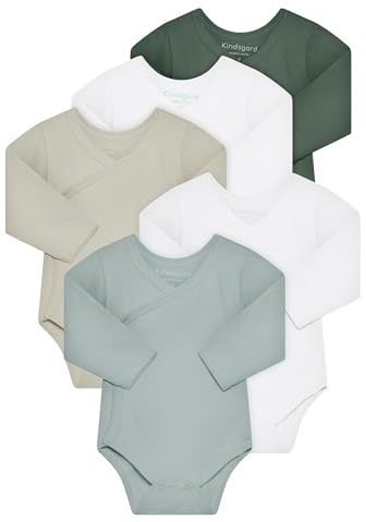 Kindsgard Body avvolgente a maniche lunghe rotondo, confezione da 5, 100% cotone biologico, certificato Oeko-Tex, morbido, traspirante e facile da pulire, body per bambini con bottoni automatici, 5
