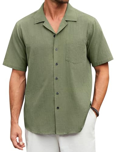 Enlision Camisas de Lino Hombre Manga Corta Verano Casual Camisa Verde Hombre Regular Elegante de Algodón Lino para Las Vacaciones L