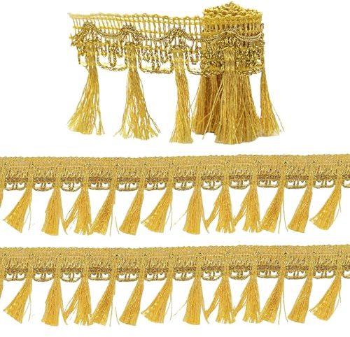 10 Meter Fransenborte Bordüre Gold 60mm Quastenborte Hängende Quastenspitze Fransenband für Vorhänge, Kleidung, Schuhe und Hüte, Wohnkultur (Gold)