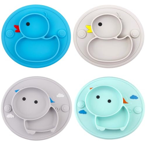 Baby Teller,4 Stück Rutschfest Kinder Tischset mit Saugnäpfen,Geteilte Standfeste Babyteller Kleinkind Teller,BPA-Frei - Spülmaschinen und Mikrowellen Fest Silikon Baby Teller (Style 1)