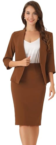 Allegra K Affärskjol med kavaj för damer, elegant outfit-set i 2 delar, för kontor och arbete, kavaj utan krage och pennkjol, BRUN, S