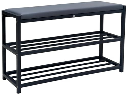 Maka Schuhregal Platzsparend, Schuhregal Mit Sitzbank Metall Schwarz, Shoe Rack Outdoor Wetterfest, Schuhbank mit Sitzfläche, Schuhbank Schwarz (Plus 90 cm)