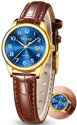 Taxau Damenuhr Lederarmband Analog Quarz–Elegante Armbanduhr Damen mit Datumsanzeige, Kleine 28mm Damen Uhr, 3Bar Wasserdicht,Klassisches Design Geschenke für Frauen