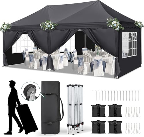Bonnlo Faltpavillon 3X6, Partyzelt mit Laufradtasche, Stabil Wasserdicht Winterfest, Faltbar Pavillon mit 6 Seitenwänden und 1 Dach & 4 Sandsäcke, Anti-UV für Hochzeiten, Freien, Dunkelgrau