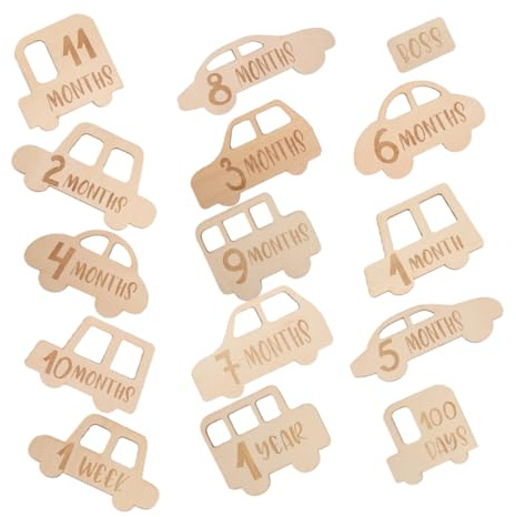 Cartes Étapes Bébé Voiture Dessin Animé 15 Pièces en Bois | Marqueurs Mensuels Beige, pour Séance Photo -né, Décoration Chambre Bébé et Baby Shower