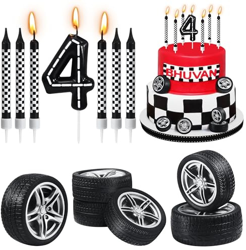 13 Pcs Racing Cars Themed Birthday Candles Number 4 Cake Candles | Black and White Checkered Birthday Candle Wheel Tire for Racing Car Theme Decoration Party Supplies Birthday Cake Decorations