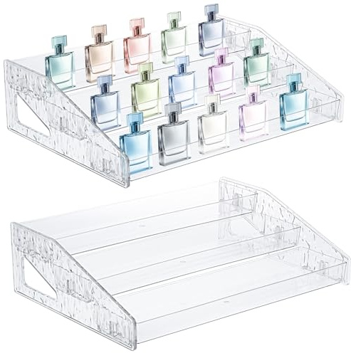 YEXEXINM 2 Pcs Perfume Organiser Display Stand, 3 Tier Acrylic Riser Display Shelf with Fences Clear Cologne Organizer Acrylic Shelves for Figures Toys Cupcake Food Makeup Table Storage