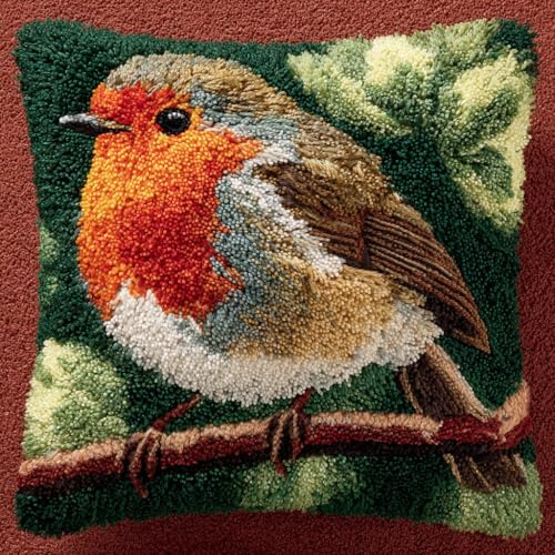 WallustrioaW Tier Vogel Knüpfkissen Zum Selbermachen,Kissen Knüpfen Kit,Gelber Vogel auf einem Ast,DIY Kissen Knüpfen Set Knüpfteppiche Sofakissenbezug Handgemachte Geschenke,43x43cm