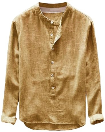 Foweknow Camisa de lino para hombre, algodón, camisa hawaiana, camisa de verano, informal, playera, manga larga, ligera, sólida, camisa de verano, con botones, transpirable, regular, camisa informal