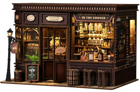 BATTREVO DIY ECKE TAVERNE, MINI-HAUS,mini casa de madera con muebles, pequeño kit decorativo para casa de muñecas con herramientas, kit de manualidades para cumpleaños y Navidad, juguete rompecabezas.