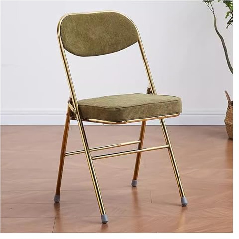 Taburete plegable de terciopelo con asiento acolchado grueso, marco de acero para oficina, comedor, estudio y sala de estar, silla de visitante interior, color verde, portátil y cómodo