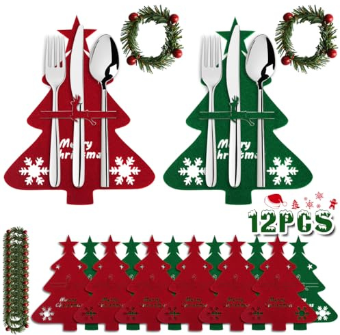 Portaposate Natalizie, Addobbi Tavola Natalizia a Forma di Albero di Natale Include 12PCS Rosso/Verde Portaposate Natale per Coltelli e Forchette, Decorazioni Natalizie; 12PCS Anello per Tovaglioli