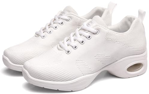 Hiuzylqx Dam Jazzdansskor Snörning Mesh Danssneakers Casual Luftkudde Platå Promenadskor Latin Ballroom Skor,White,37 EU