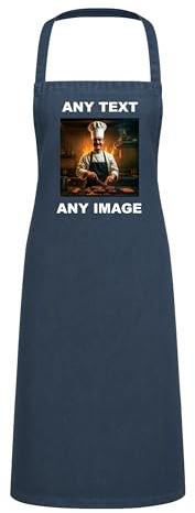 Personalised Apron for Women & Men – Customisable Dark Blue Denim Chef Apron with Text & Image, For Cooking, Kitchen, BBQs, Gardening, Art & Crafting – Waterdrop Resistant Unisex Aprons, Polyester