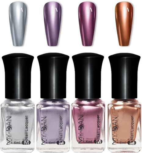4 Farben Metallic Nagellack Set - Mirror Spiegel Effekt Schnelltrocknend Chrom - Quick Dry Silver Lila Pink Gold Nail Polish - Chrom Nail Polish Art Ohne UV Lampe für Frauen Mädchen (Colorful A Set)