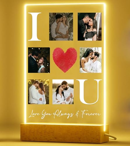 PB TECH Personalised Acrylic Photo Plaque with Wooden Base – I Love You Couple Picture Plaque – Custom Photo Collage Gift for Anniversary, Valentine’s Day, Wedding