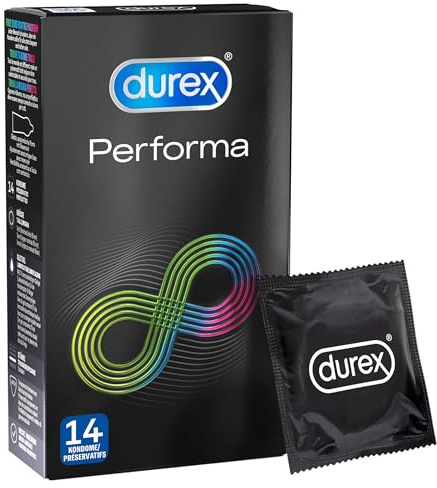 Durex Performa Kondome – transparent und befeuchtet Kondome mit 5 % benzocainhaltigem Gel, angenehmer Geruch – Perfekter Sitz & leichtes Abrollen – 14er Pack (1 x 14 Stück)