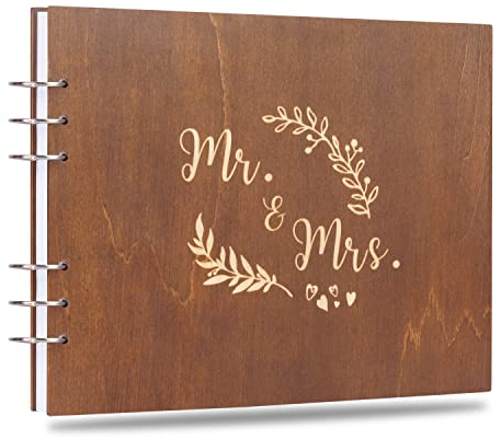 Creawoo Libro degli Ospiti in Legno Mr&Mrs da 22 cm, ricordo per Matrimonio, Anniversario, Compleanno con 120 Pagine Bianche- Carta Bianca all'Interno