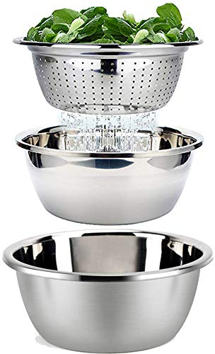 ZENGWARE Bols à Salade Saladiers 18/18 Saladier en Inox Empilable Ensemble de Bols 3 à la Salade avec Couvercle Mélangeurs Emboîtables en Acier Inoxydable Patisserie Bol