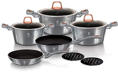 Berlinger Haus Moonlight Batería Cocina Inducción 10 Piezas, Antiadherente Titanio sin PFOA, Aluminio, Set 3 Cazuelas, 3 Tapas Cristal, 2 Sartenes, 2 Salva Manteles, Diseño Moderno, Vitrocerámica
