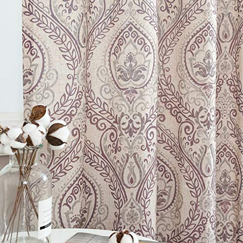 TOPICK Scheibengardine Bistrogardine Blumen 2er Set H90xB65 Lila Beige | Scheibengardine Leinen Vorhang Vintage Landhaustil Bedruckt Geblümt Scheibengardinen Blickdicht für Küche Wohnzimmer Landhaus