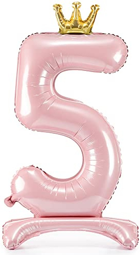 Folienballon Zahl 5 Rosa mit Krone stehend 84 cm Luftbefüllung