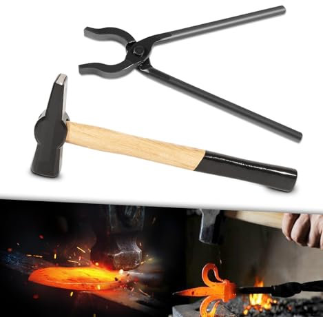 1.1Lbs 0004930-300 Blacksmiths Flat jaws Tong Tongand 2Lbs 0000811-1000 Hammer Blacksmith Hand-made Forge Tools Set