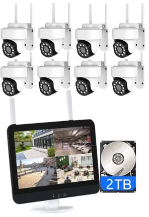 XNASU Kit NVR de 5 MP y 8 Canales, Kit de cámaras inalámbricas WiFi PTZ con Monitor, Sistema de cámara NVR de Seguridad con Audio bidireccional, visión Nocturna en Color, con Disco Duro 2T