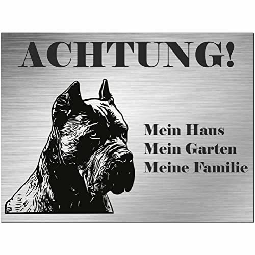Indigos UG - Schild Cane Corso - bedruckt - Achtung Mein Haus, mein Garten meine Familie - Aluverbundplatte Edelstahl Look - 20x15 cm - Spruch - Deko Geschenkidee - Hund - Zaun - Türschild