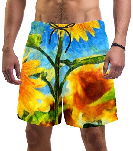 WOSHJIUK Herren-Shorts,Badehose,schnell trocknend,aquarell Feld Sonnenblume,Board Short Outdoor Walk Beach Bademode