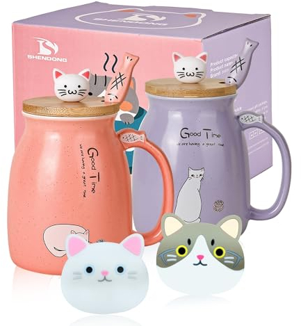 2er-Pack Katzenbecher Niedliche Kaffeetassen aus Keramik im 2er-Set mit Bambusdeckel und Löffel Neuheit Morning Cup Kaffee-Milch Tee-Becher-3D Tier Katzen-Tassen für Katzenliebhaber (Rot und lila)