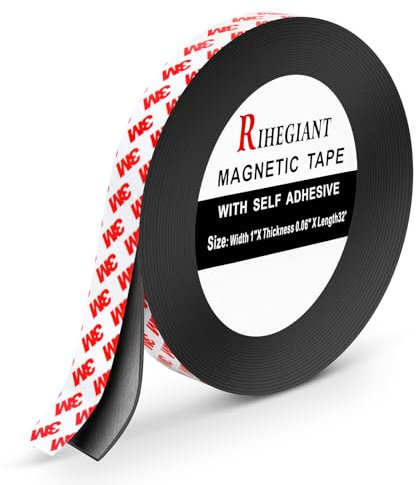 RIHEGIANT Magnetic Tape Strips with 3M Adhesive Backing, Width 25.4mm x Length 10m, Flexible Rubber Magnet for Fridge Organization and Art Projects