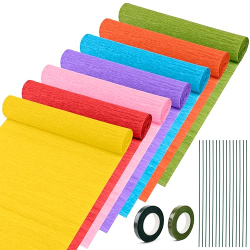 7 Pack Crepe Paper Rolls, 25x250cm Rainbow Crepe Paper Colorful Florist Crepe Paper with 15 PCS Floral Iron Wire 2 Rolls Tape for DIY Flowers Crafts Festivals Party Supplies (7 Colors)