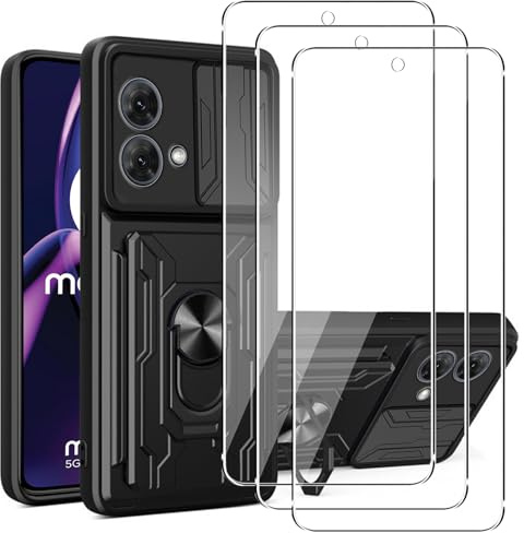 Funda para Motorola Moto G84 5G con Cristal Templado, Carcasa de PC dura y Silicona TPU Bumper Antigolpes Funda Protectora[Cubierta de Cámara Deslizante][Ranura para Tarjeta][Soporte Giratorio]