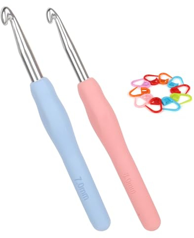 CoopayHäkelnadeln 7,0 mm und 8,0 mm, 2 Stück Metall, Ergonomische Häkelnadel mit Weichgriff für Arthritische Hände, Bunter TPR Griff